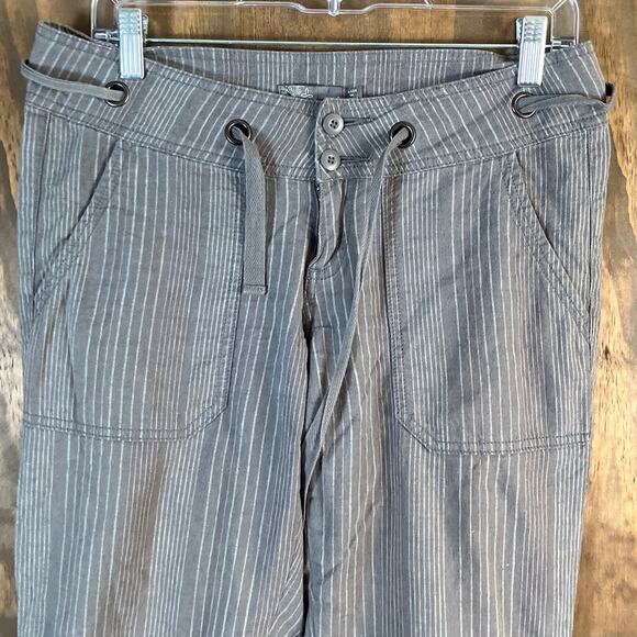 PrAna Womens Pants Gray Pinstripe Drawstring Joggers Crop Linen Blend Stretch 0 - Picture 2 of 11